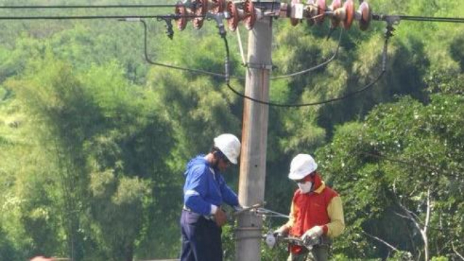 Petugas PLN di Surabaya membenahi jaringan listrik