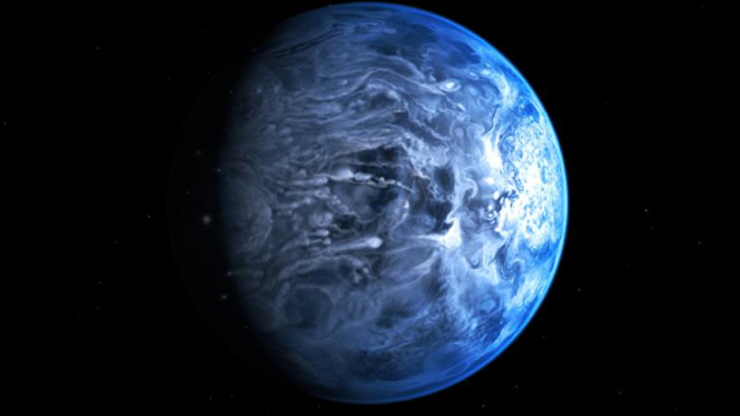 Ilustrasi planet HD 189733b, berwarna biru mirip Bumi.