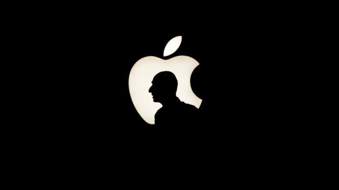 Logo Apple Inc. dan salah satu pendirinya, mendiang Steve Jobs. 