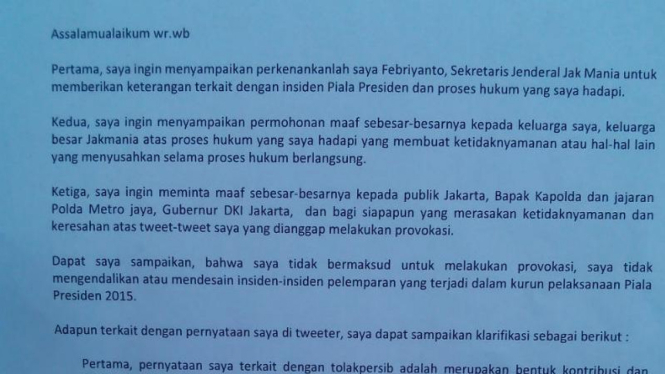 Surat permohonan maaf Sekjen Jakmania Febriyanto