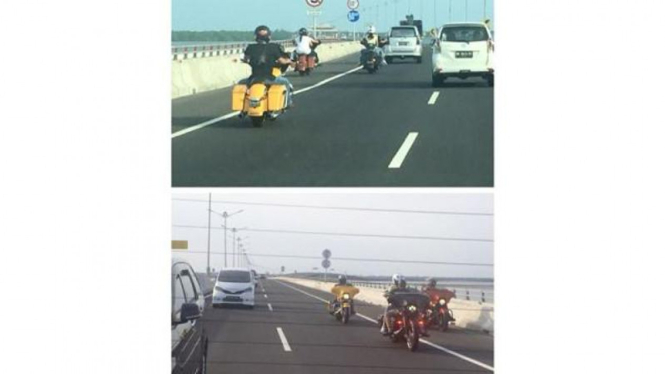 Moge Harley masuk jalur khusus mobil tol Bali.