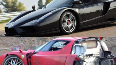 Ferrari saat tabrakan dan setelah direstorasi.