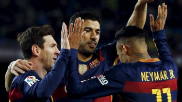 Trio penyerang Barcelona, Lionel Messi, Luis Suarez, dan Neymar