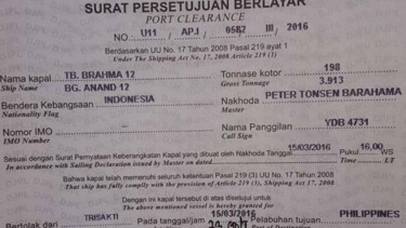 Surat perjalanan Tugboat Brahma 12 yang disandera kelompok Abu Sayyaf
