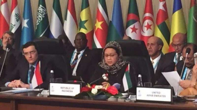 Menteri Luar Negeri, Retno LP Marsudi, dalam KTT OKI di Istanbul, Turki, beberapa waktu lalu. Ide pemerintah Indonesia untuk menyelesaikan konflik Palestina dijadikan resolusi oleh organisasi ini.