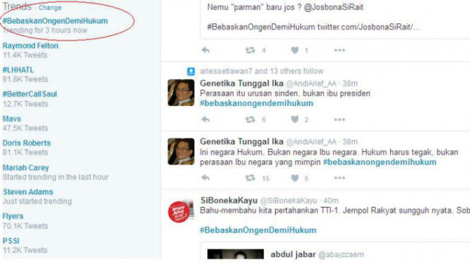 Trending topic dukungan Ongen bebas