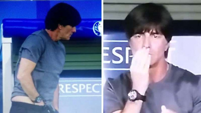 Bos timnas Jerman Joachim Loew terekam kamera televisi melakukan kebiasaan jorok