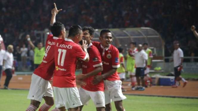 Selebrasi gol para pemain Persija Jakarta.