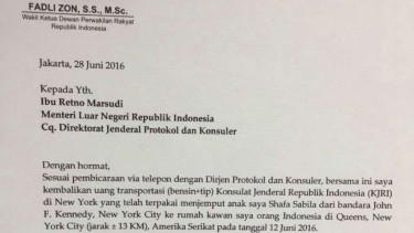 Surat Fadli Zon kepada Menlu Retno Marsudi