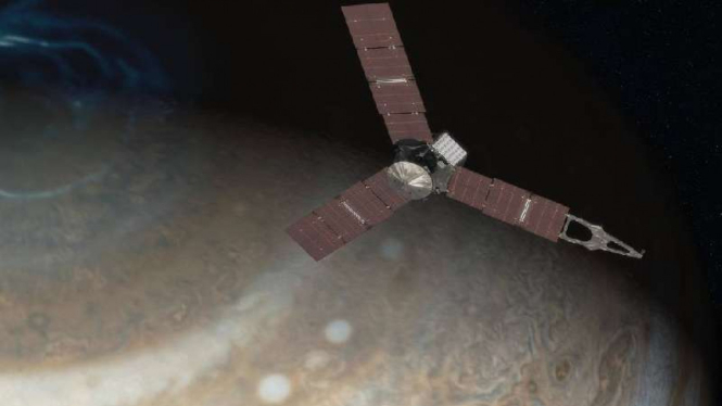 Ilustrasi pesawat Juno mendekati Planet Jupiter.