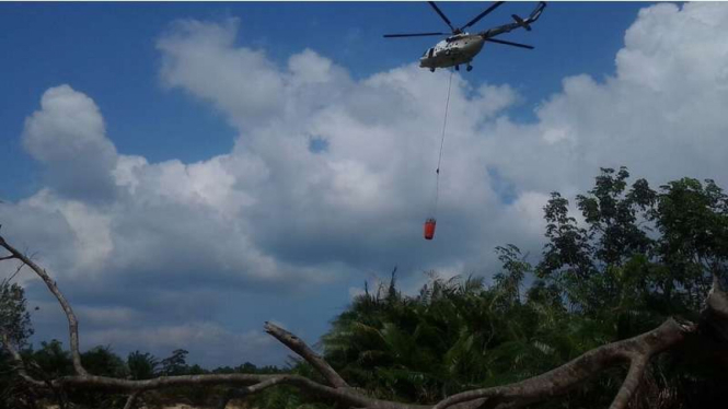  Heli MI-171 milik BNPB sedang bertugas sedang memadamkan api di Taman Nasional Tesso Nelo Riau, Senin (4/7/2016)