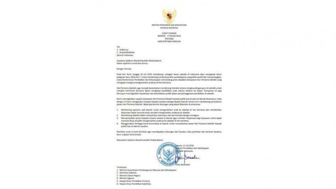 Surat edaran Mendikbub soal antar anak sekolah.