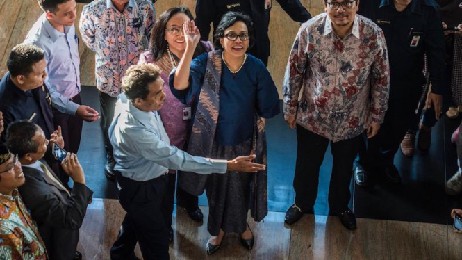Menteri Keuangan Sri Mulyani Indrawati disambut meriah para pegawainya