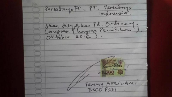 Surat pernyataan anggota Exco PSSI, Tonny Aprilani