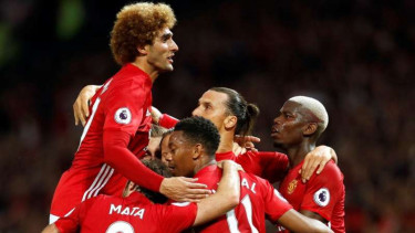 Selebrasi gol dari pemain Manchester United.