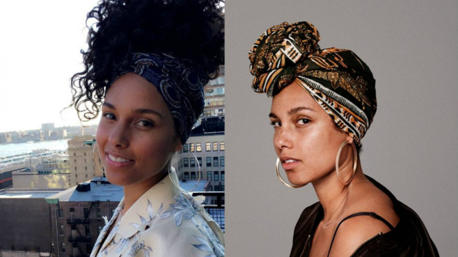 Alicia Keys mengenakan hoop earrings tanpa makeup