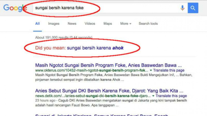 Hasil pencarian dengan kata kunci 'sungai bersih karena foke' melalui Google.