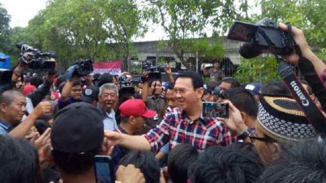 Ahok disambut ratusan warga di Pademangan, Jakarta Utara.