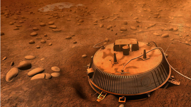 Ilustrasi wahana Huygens mendarat di permukaan Bulan Planet Saturnus, Titan