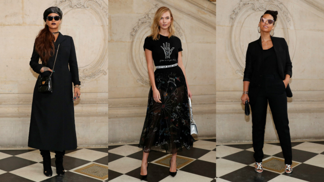 Rihanna, Karlie Kloss dan Alicia Keys mengenakan busana serba hitam di Photocall Christian Dior Paris Fashion Week 2017.