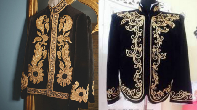 Baju karya Alexander McQueen (kiri) dibandingkan dengan beskap (kanan)