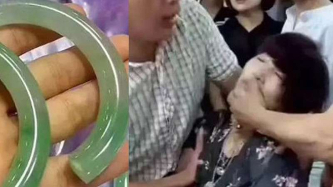 Perempuan tua panik pecahkan gelang giok mahal.