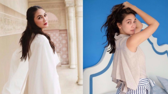 Luna Maya dengan make-up dan tanpa make-up.