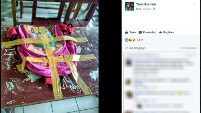 Tas milik seorang siswa yang dilem oleh orang tuanya di atas sebuah meja sekolah.