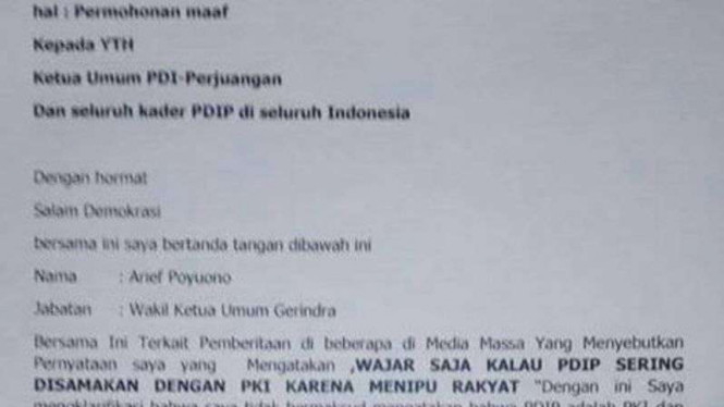 Surat permintaan maaf Arief Poyuono