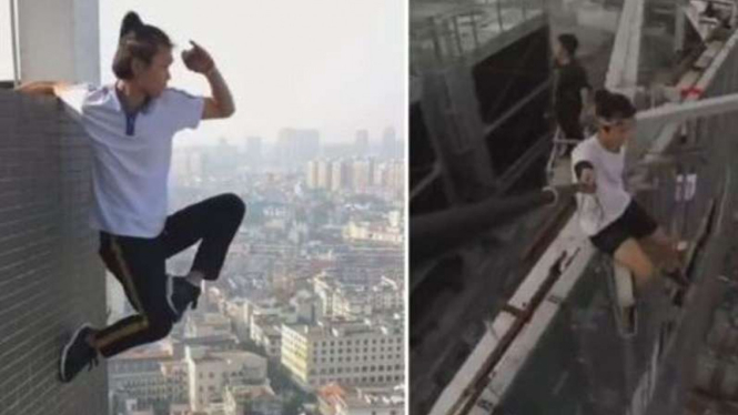 Aksi Wu Yongning di ketinggian gedung pencakar langit China.