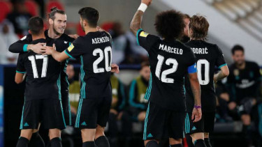 Pemain Real Madrid rayakan gol Gareth Bale