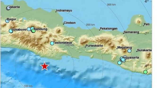 Gempa bumi yang berpusat di selatan Jawa.
