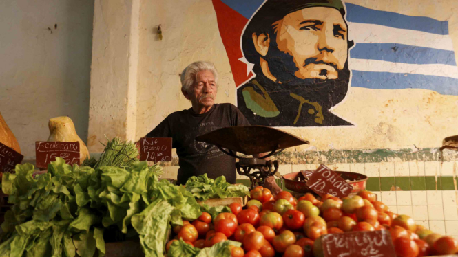 Seorang penjual sayur sedang menunggu pembeli, dengan latar lukisan Presiden Fidel Castro, di sebuah pasar di Havana, Kuba.