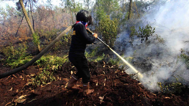Seorang polisi wanita memadamkan api yang membakar lahan gambut di Riau