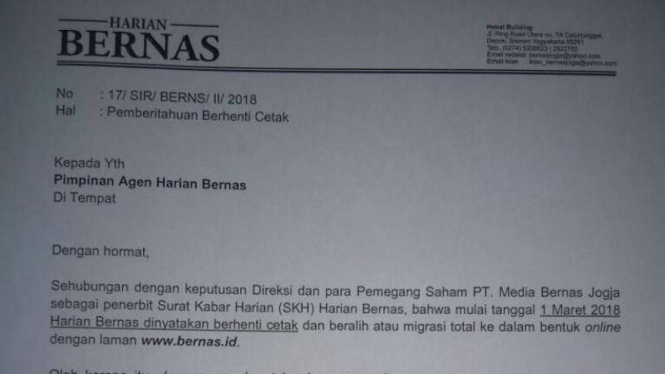 Salinan surat soal Harian Bernas setop cetak