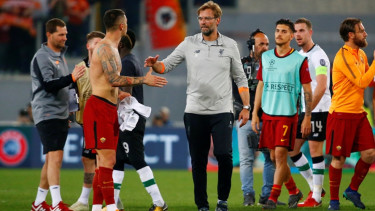 Manajer Liverpool, Juergen Klopp di laga melawan AS Roma