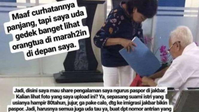 Curhatan warganet soal perlakuan imigrasi Jakbar pada lansia.