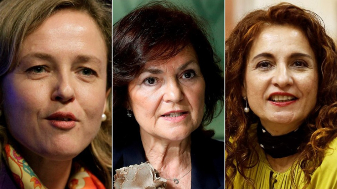 Tiga menteri penting dalam kabinet baru Spanyol: Menteri Ekonomi Nadia Calviño (kiri), Wakil PM Carmen Calvo (tengah), dan Menteri Keuangan MarÃÂa Jesús Montero (kanan). - EPA