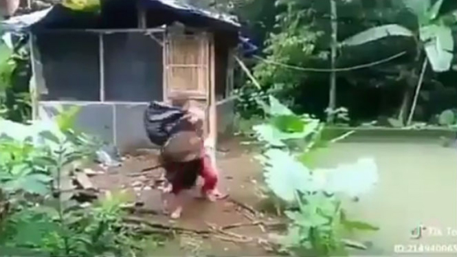 Dua bocah bermain barongsai.