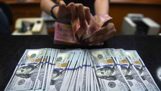 Petugas menghitung mata uang rupiah dan dolar AS di salah satu tempat penukaran uang di Jakarta