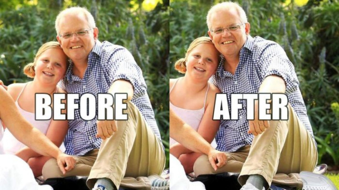 Situs resmi PM Scott Morrison memasang gambar PM mengenakan sepatu yang sudah diganti mereknya.