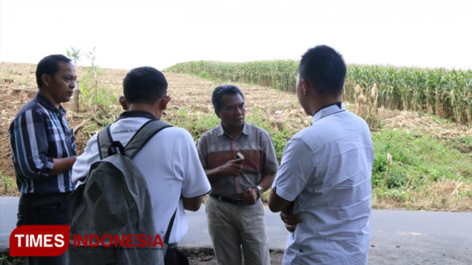Koordinator kegiatan sosialisasi tim dosen dan mahasiswa Polbangtan Malang, Suhirmanto (baju coklat) saat melihat lahan thethelan di Jember. (FOTO: Humas Polbangtan Malang for TIMES Indonesia)