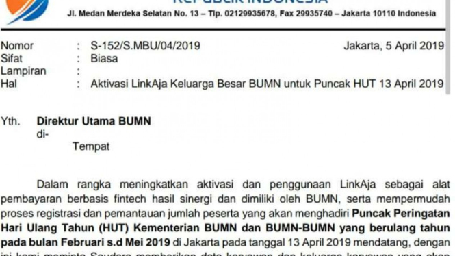 Surat undangan ultah BUMN 13 April 2019.