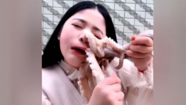 Wanita makan gurita hidup-hidup.