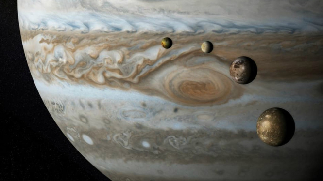Planet Jupiter dengan empat Bulan sebagai satelitnya.