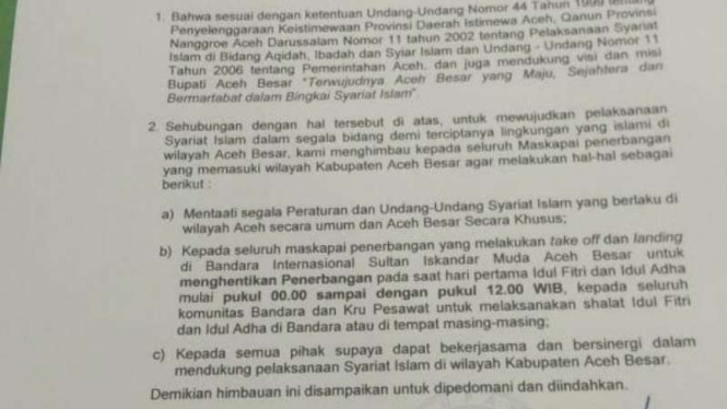 Surat larangan bagi Bandara Sultan Iskandar Muda (SIM) beroperasi pada Idul Adha