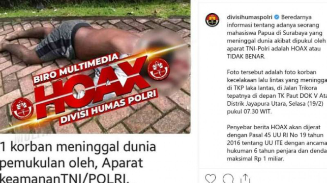 Mabes Polri pastikan informasi mahasiswa Papua tewas adalah hoax.