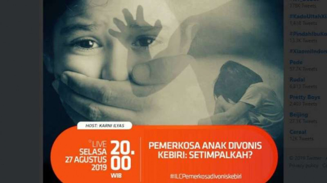 ILC 27 Agustus 2019 bertema Pemerkosa Anak Divonis Kebiri: Setimpalkah?