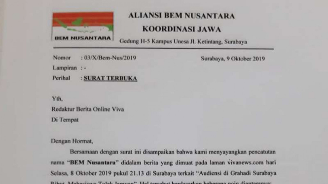Surat terbuka BEMNus. 