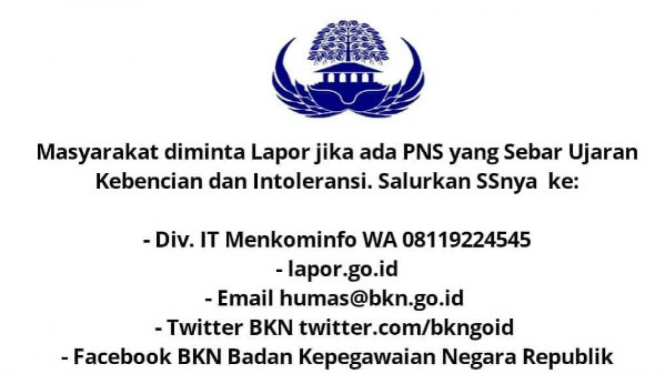 Viral pengumuman dari BKN bahwa PNS akan dipecat jika menulis ujaran kebencian. Ternyata pengumuman itu hoax.